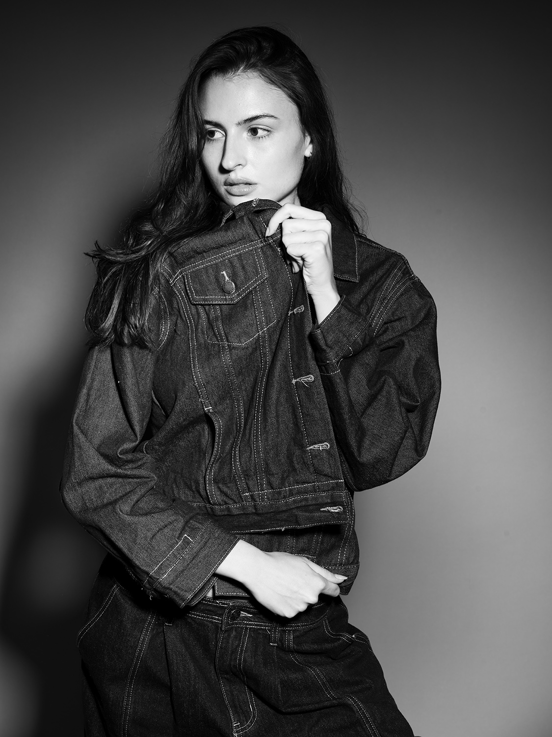 Fashion photo of Leah Morris from Willow Model Management wearing all denim in a black and white photo